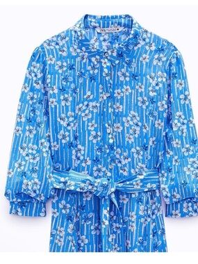 Zara Blue Floral Stripe Shirt Dress with Tie Waist